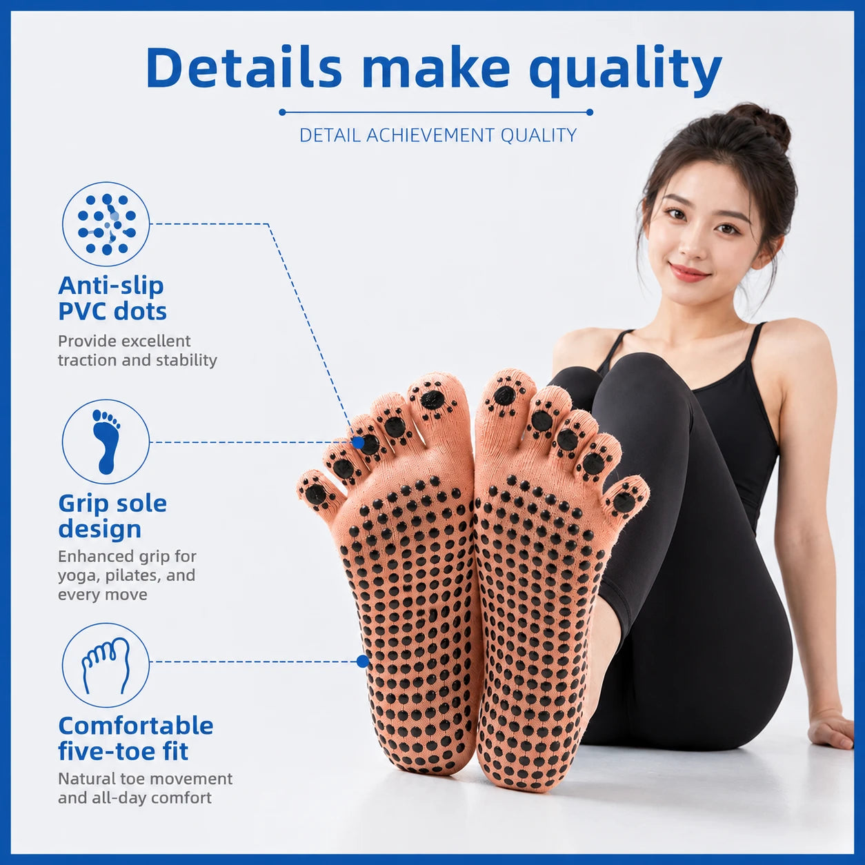 Non-Slip Cotton Five Toe Yoga Socks with Grip for Pilates Vendula Care (11)