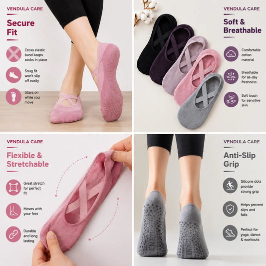 Non-Slip Yoga Socks with Straps for Pilates & Barre Grip Vendula Care 1