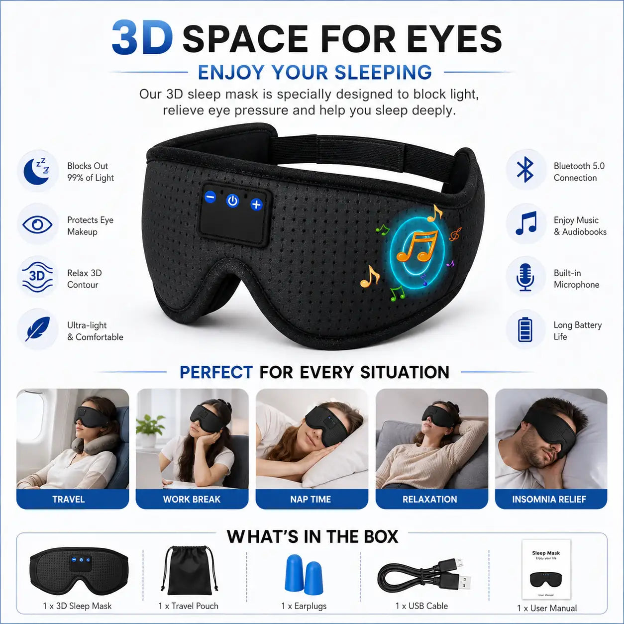 Bluetooth Music Sleep Eye Mask with Hands-Free Call Support Vendula Care 6