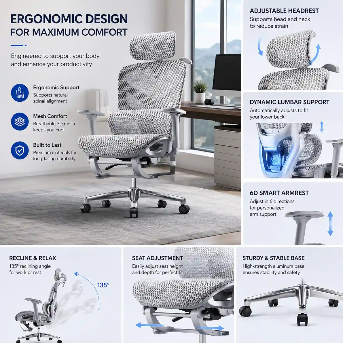Ergonomic Office Gaming Chair with Recline & Neck Support VendulaCare 09.