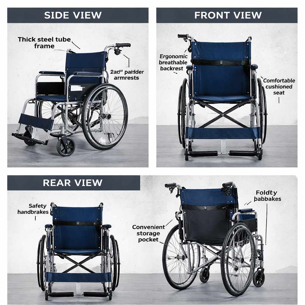 Folding Wheelchair with Brakes and Footrests for Seniors Vendula Care 3