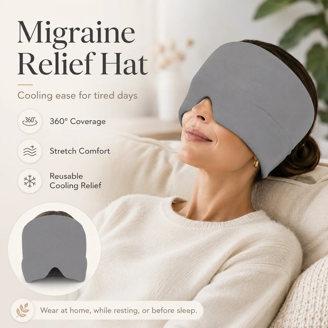 Grey gel ice pack head wrap with 360-degree coverage, stretch comfort and reusable cooling relief