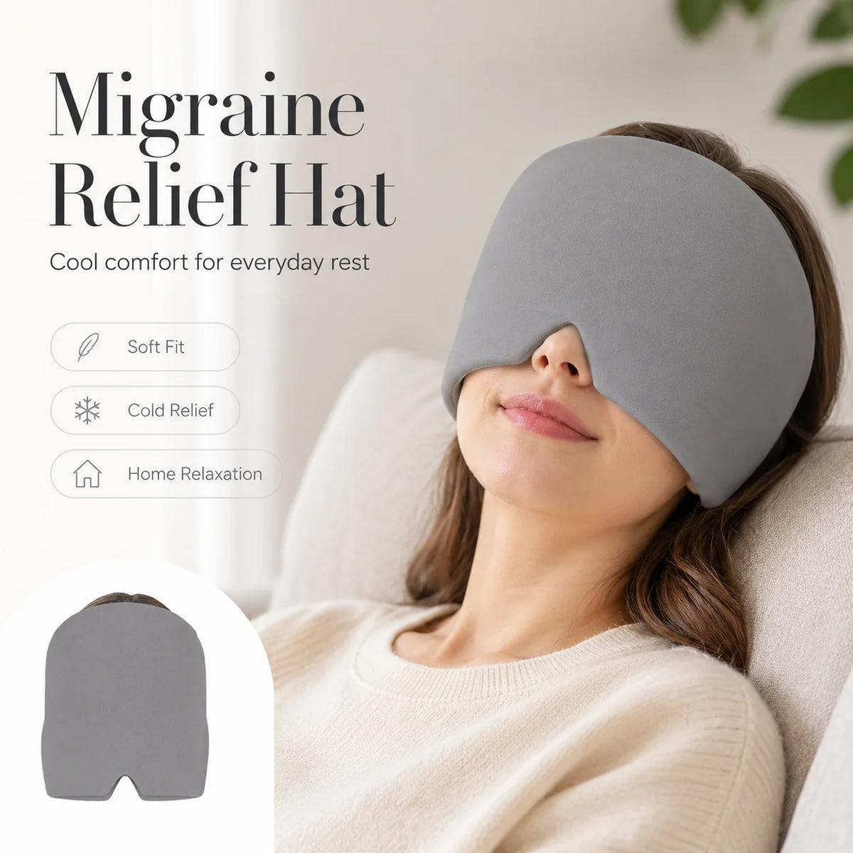 Grey gel ice pack head wrap shown with soft fit, cold relief and home relaxation features