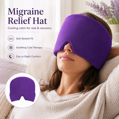 Purple gel ice pack head wrap with a soft stretch fit for soothing cold therapy day or night