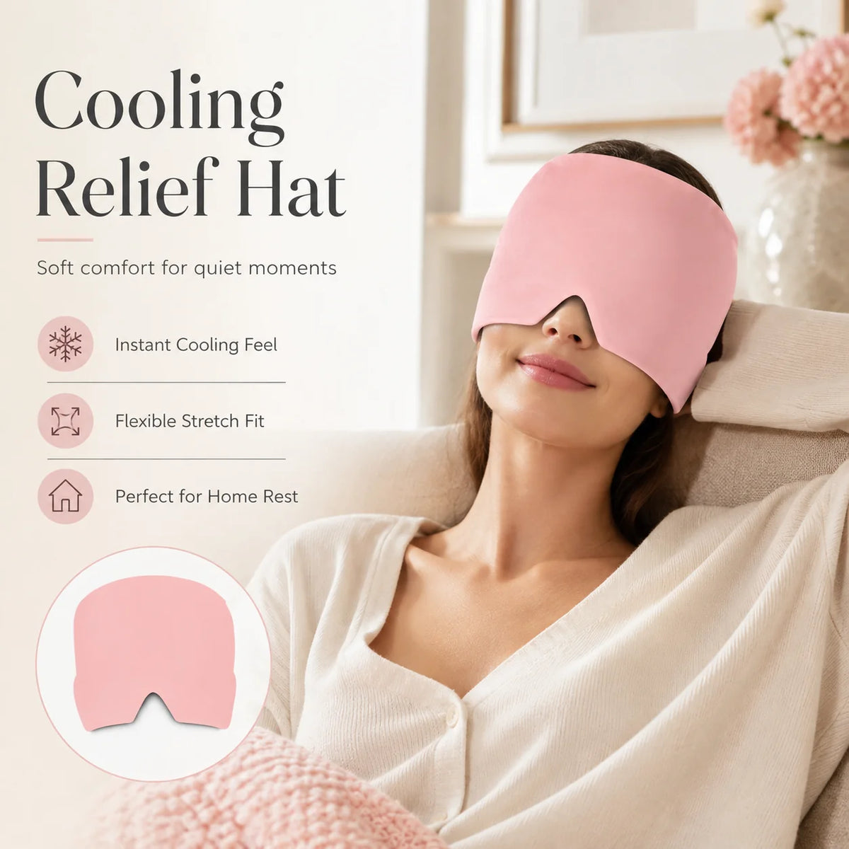 Pink gel ice pack head wrap with a flexible stretch fit for instant cooling relief at home