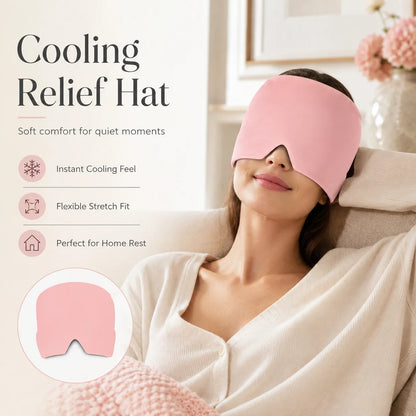 Pink gel ice pack head wrap with a flexible stretch fit for instant cooling relief at home