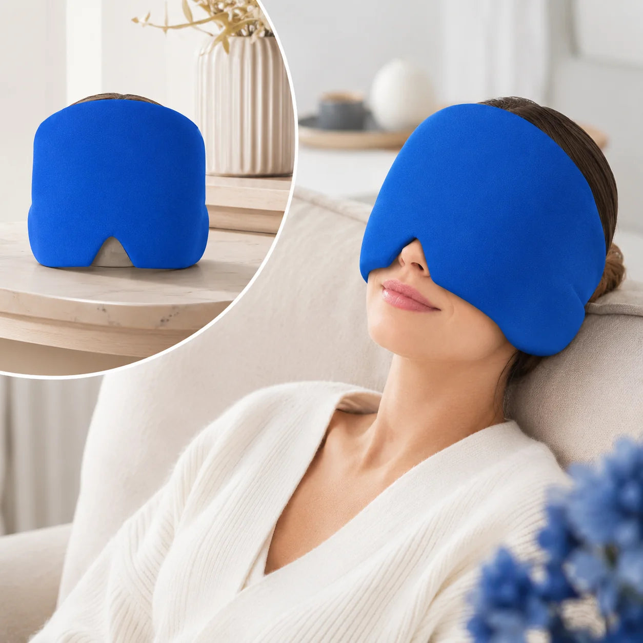 Blue gel ice pack head wrap worn on a sofa, shown next to the wrap on a side table