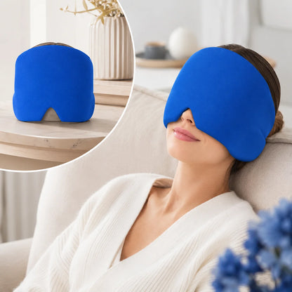 Blue gel ice pack head wrap worn on a sofa, shown next to the wrap on a side table