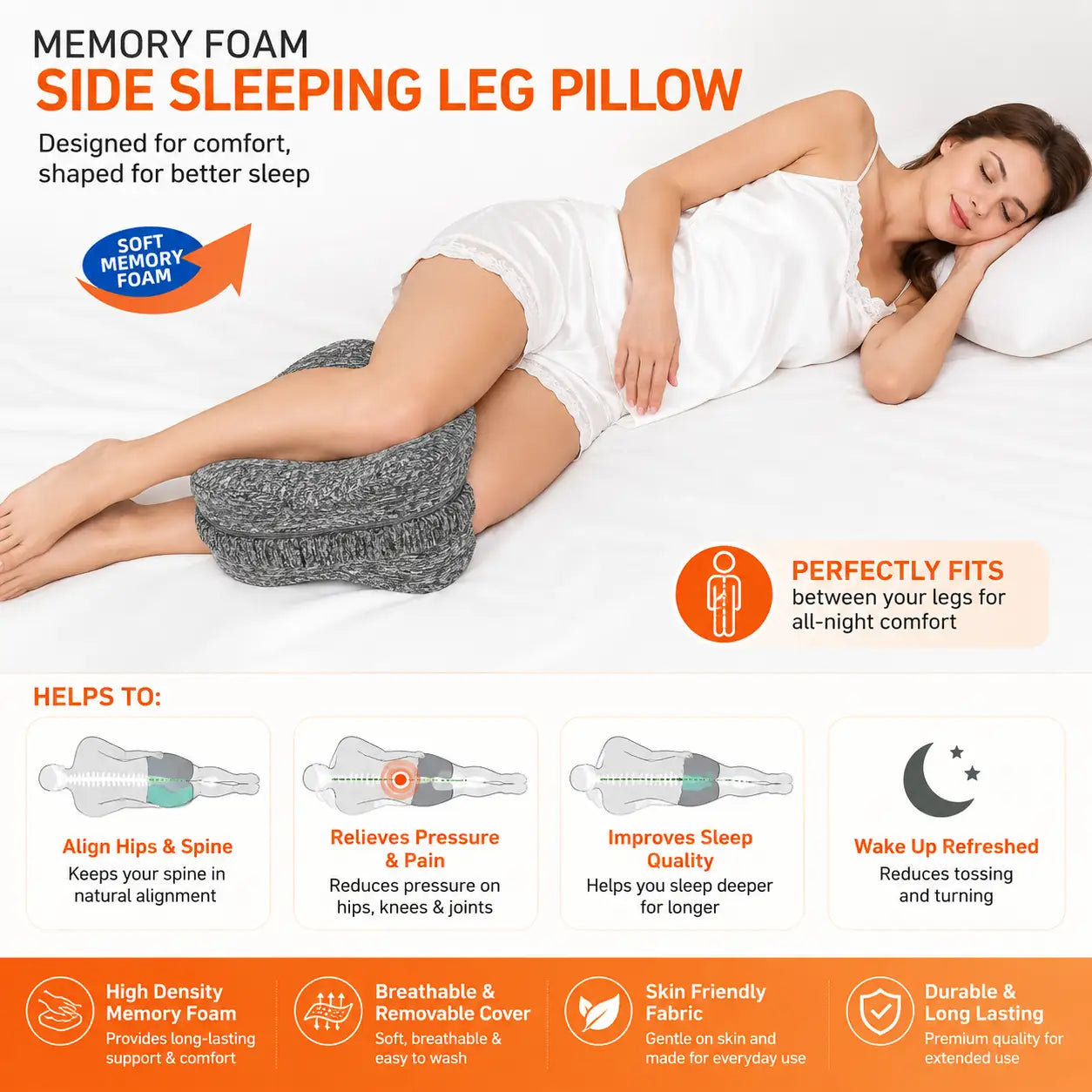 Memory Foam Leg Pillow for Hip, Knee & Back Pain Relief Sleep  Vendulacare 07.