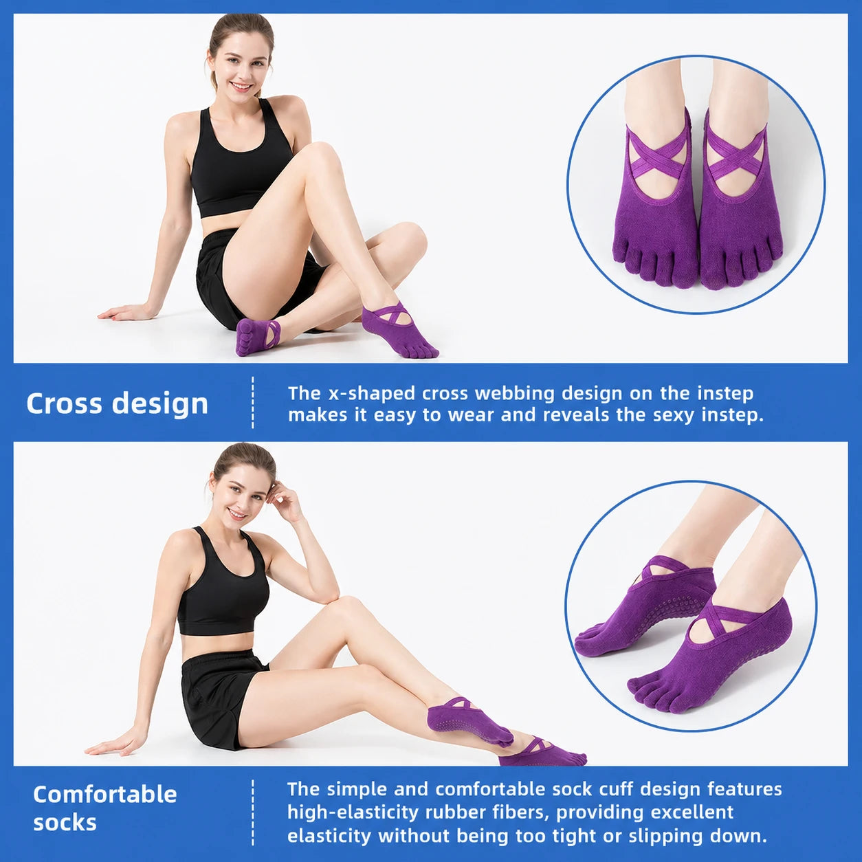 Non-Slip Cotton Five Toe Yoga Socks with Grip for Pilates Vendula Care (9)