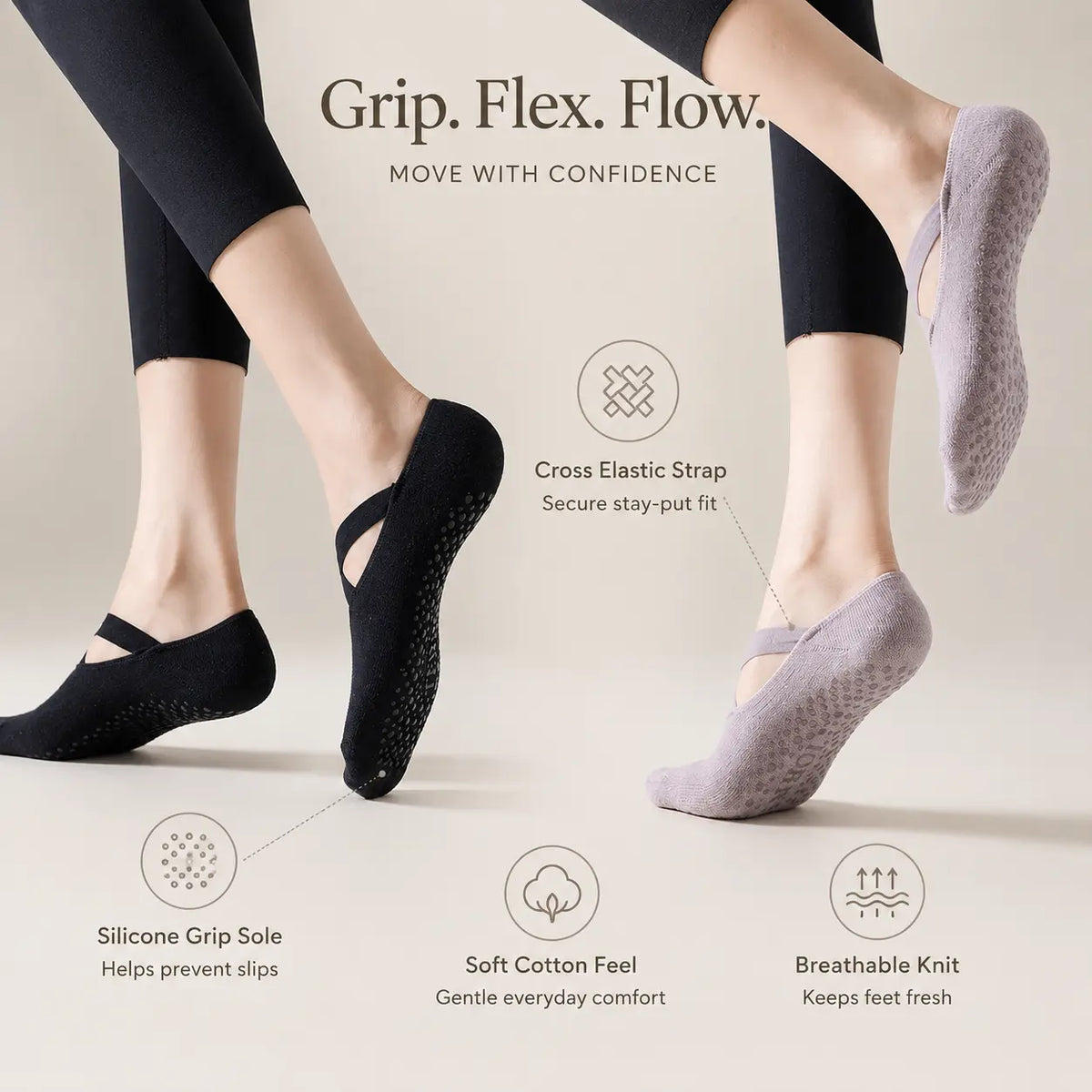Non-Slip Yoga Socks with Straps for Pilates & Barre Grip Vendula Care 10